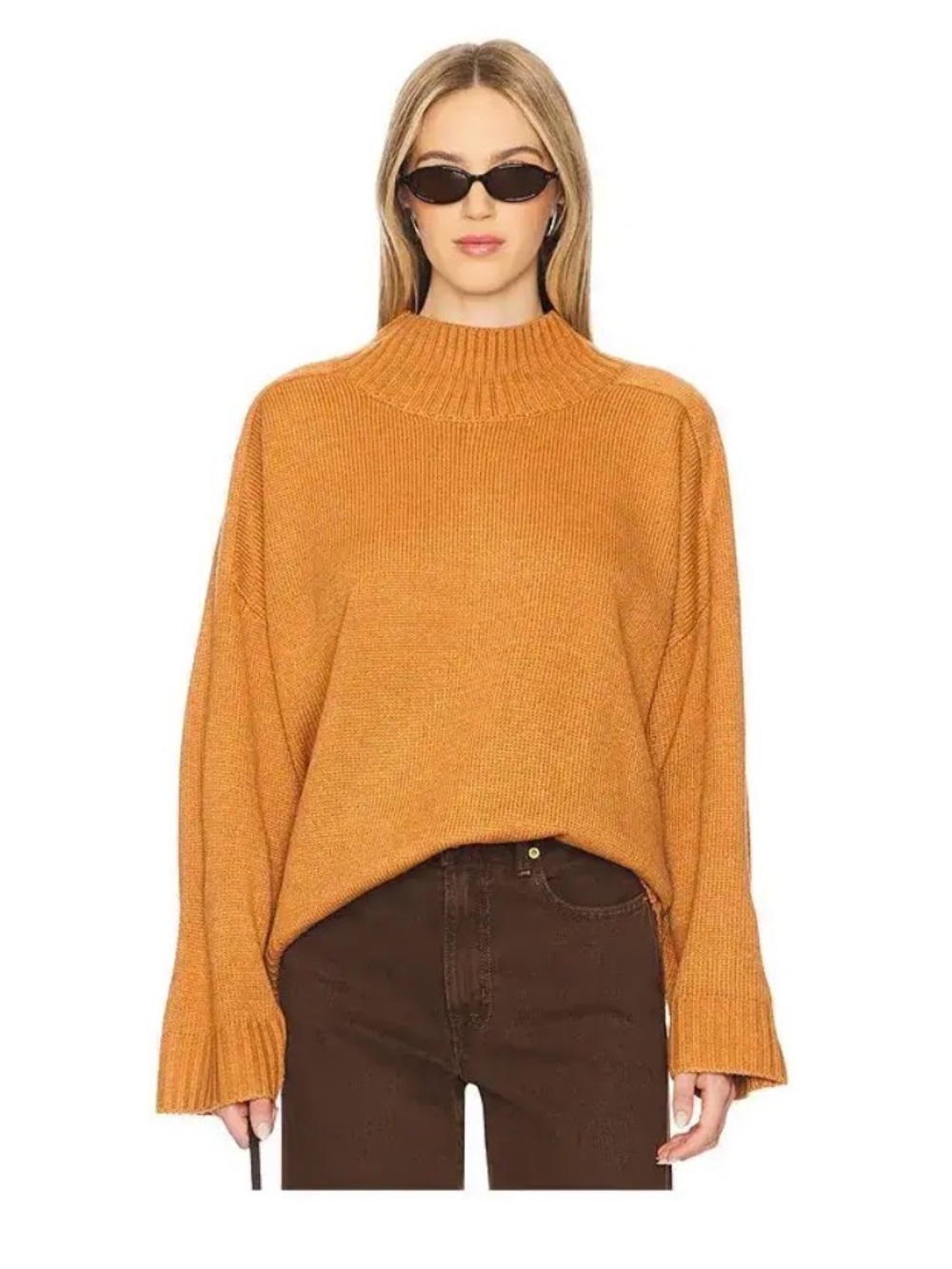 WeWoreWhat Ribbed funnel mock Neck Sweater - Mustard Orange
